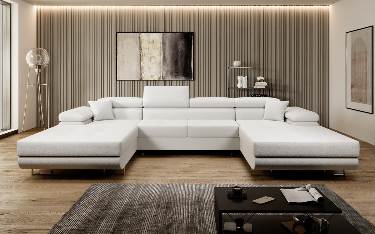 Designer Sofa Calvera U mat Schlof- a Klappfunktioun a Bouclé