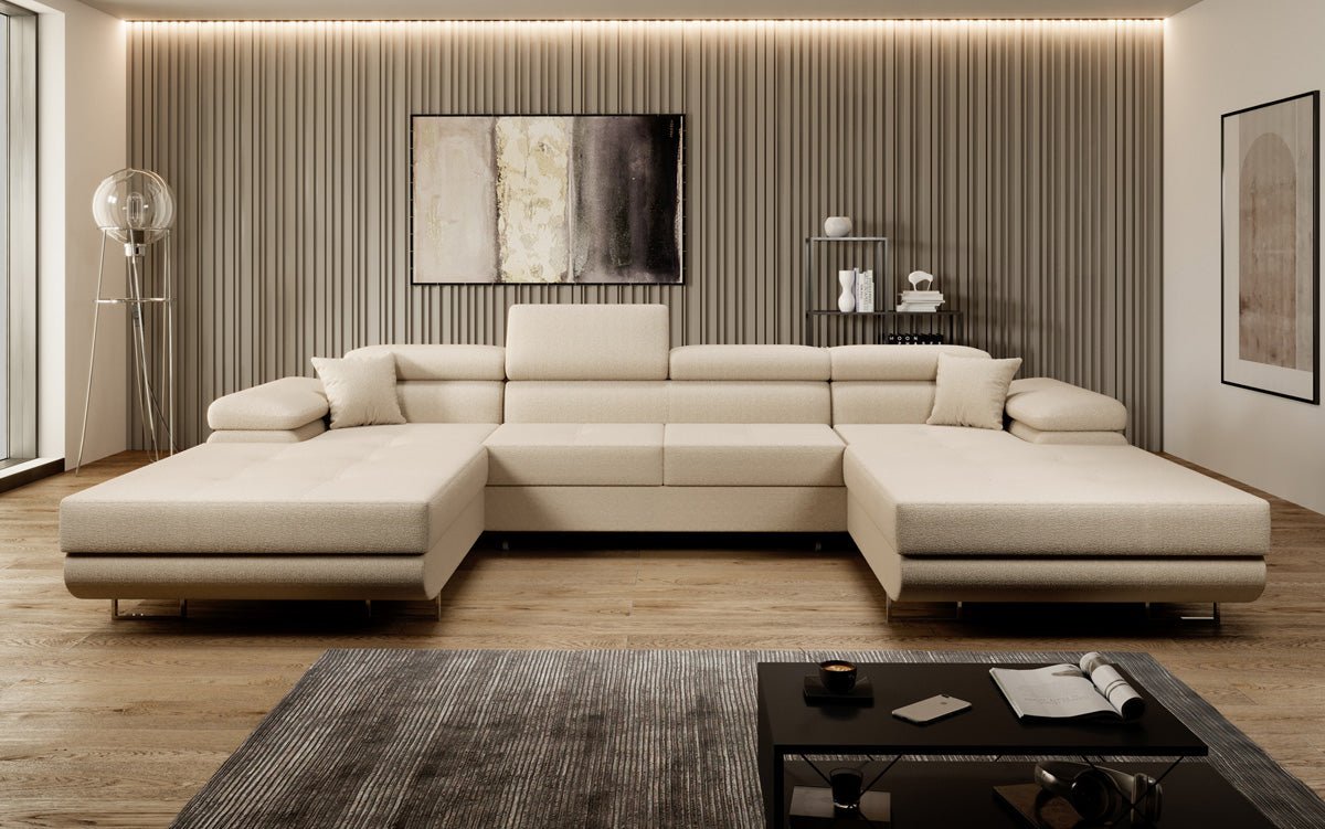 Designer Sofa Calvera U mat Schlof- a Klappfunktioun a Bouclé