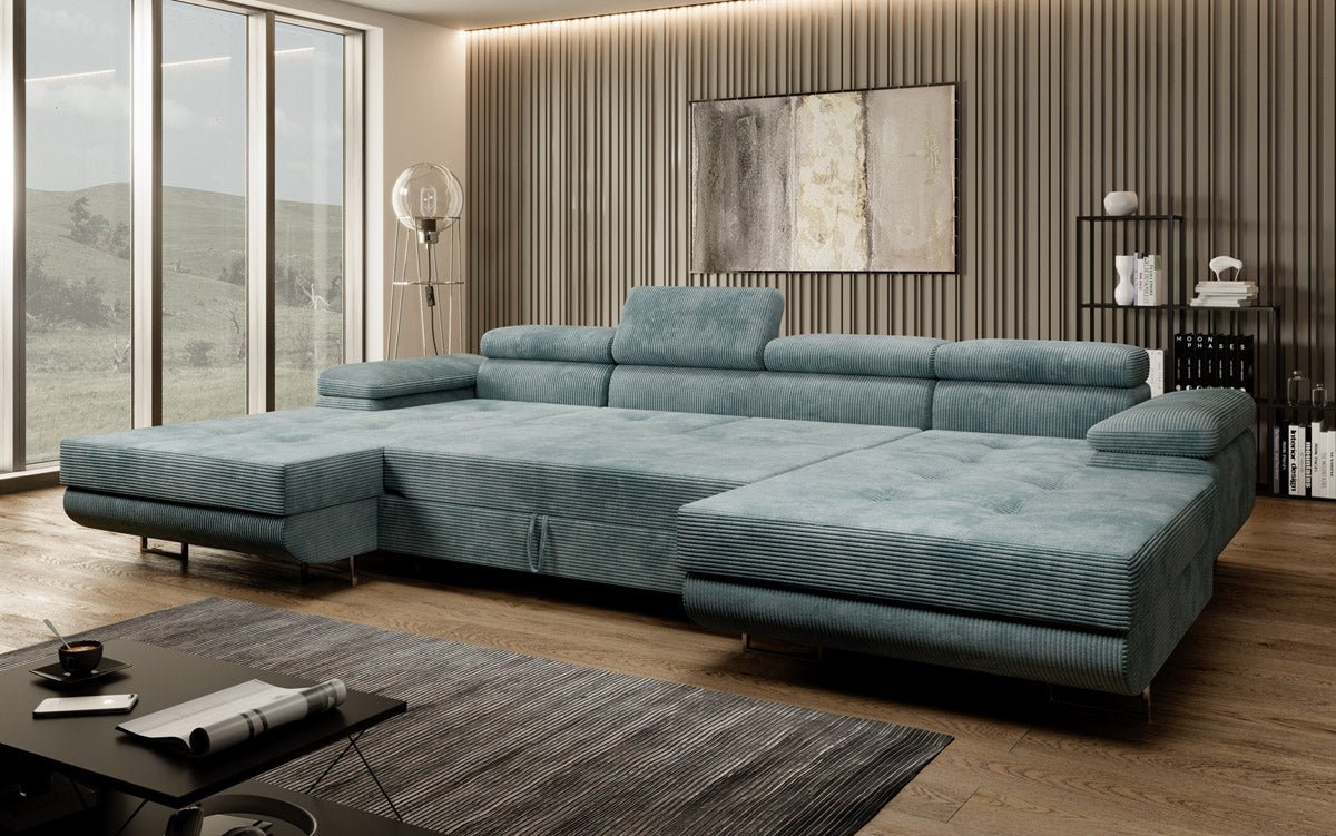 Designer Sofa Calvera U mat Schlof- a Klapfunktioun a Kord