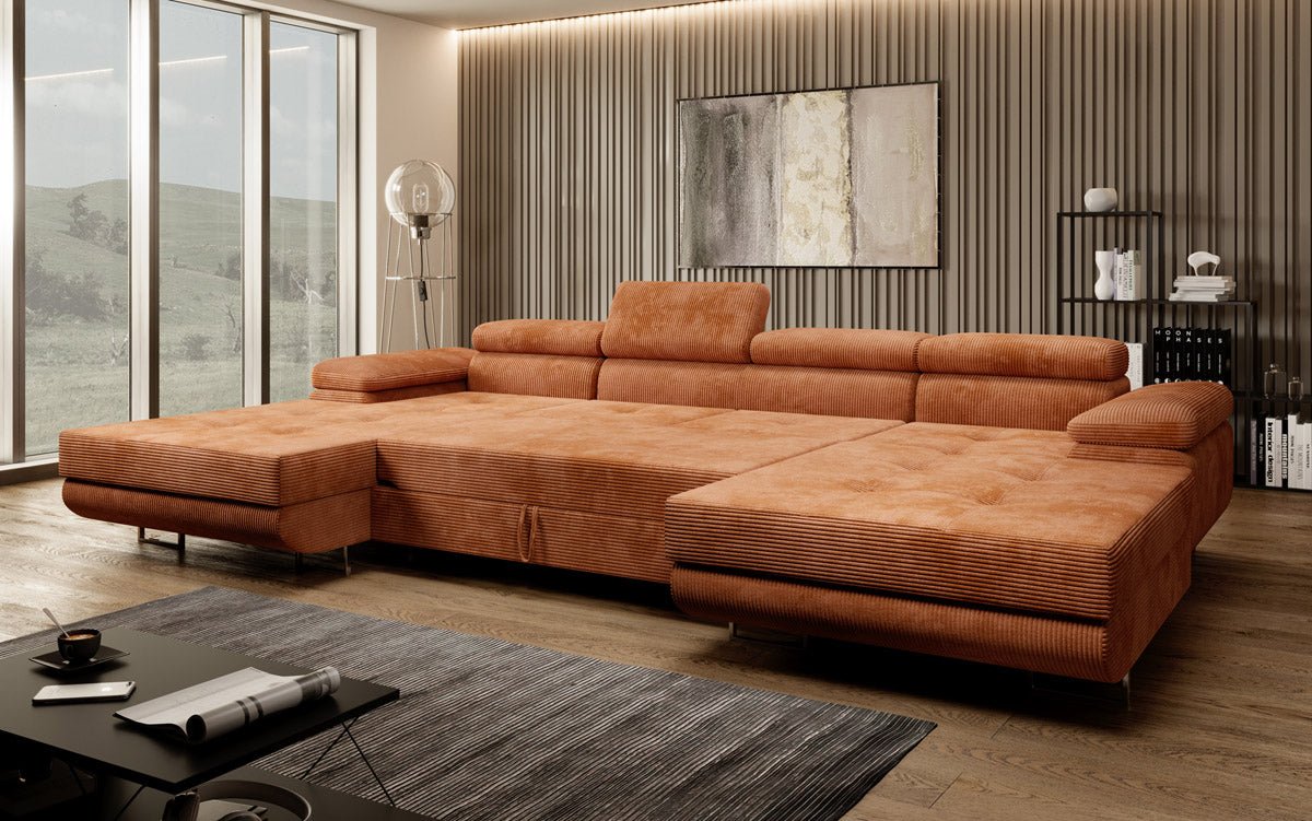 Designer Sofa Calvera U mat Schlof- a Klapfunktioun a Kord
