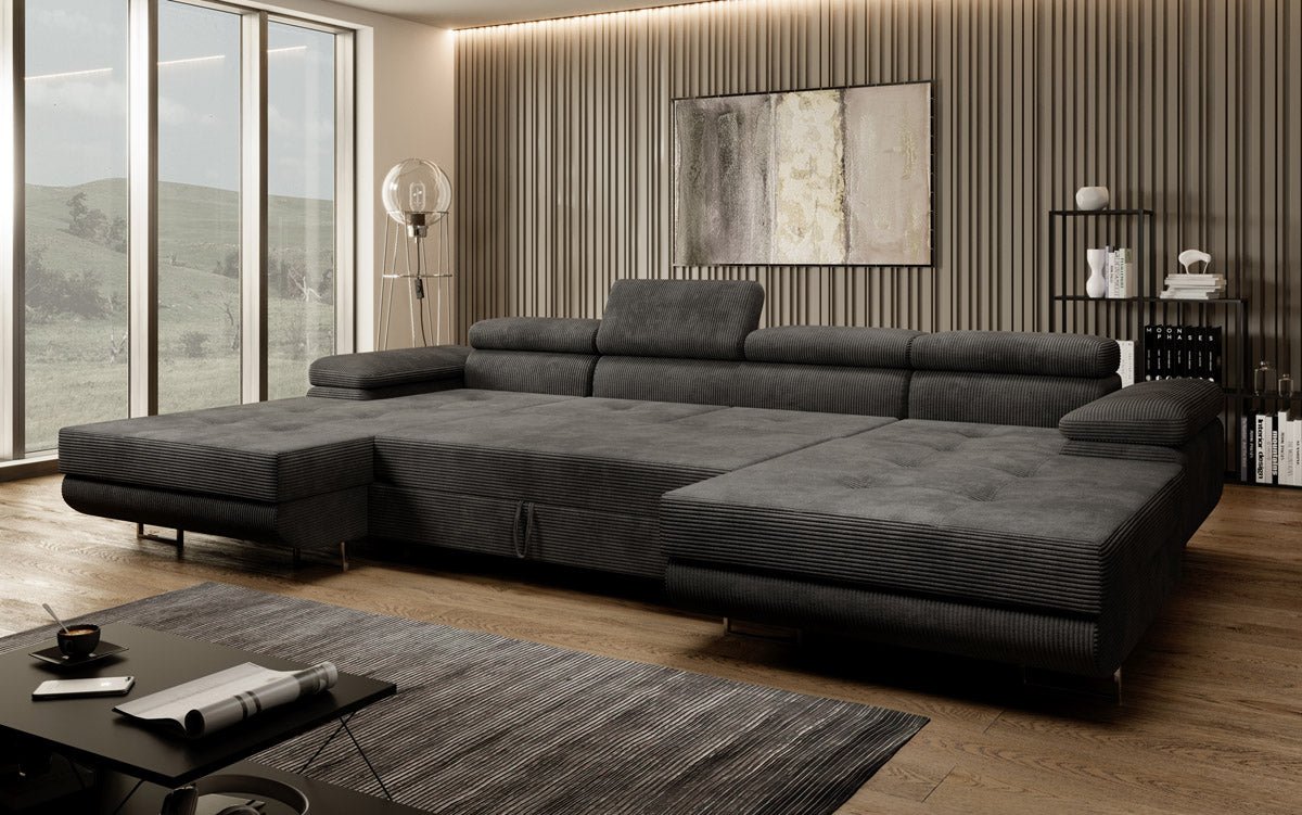 Designer Sofa Calvera U mat Schlof- a Klapfunktioun a Kord