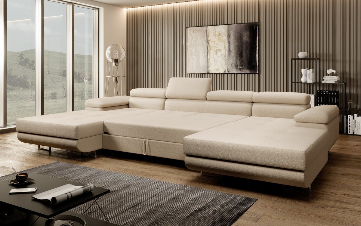 Designer Sofa Calvera U mat Schlof- a Klappfunktioun a Bouclé