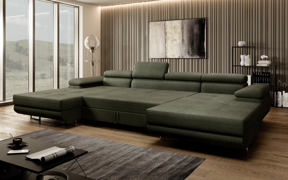 Designer Sofa Calvera U mat Schlof- a Klappfunktioun a Bouclé