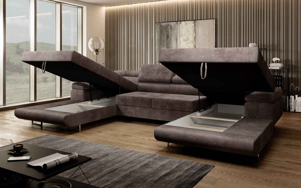 Designer Sofa Calvera U mat Schlof- a Klapfunktioun a Kord