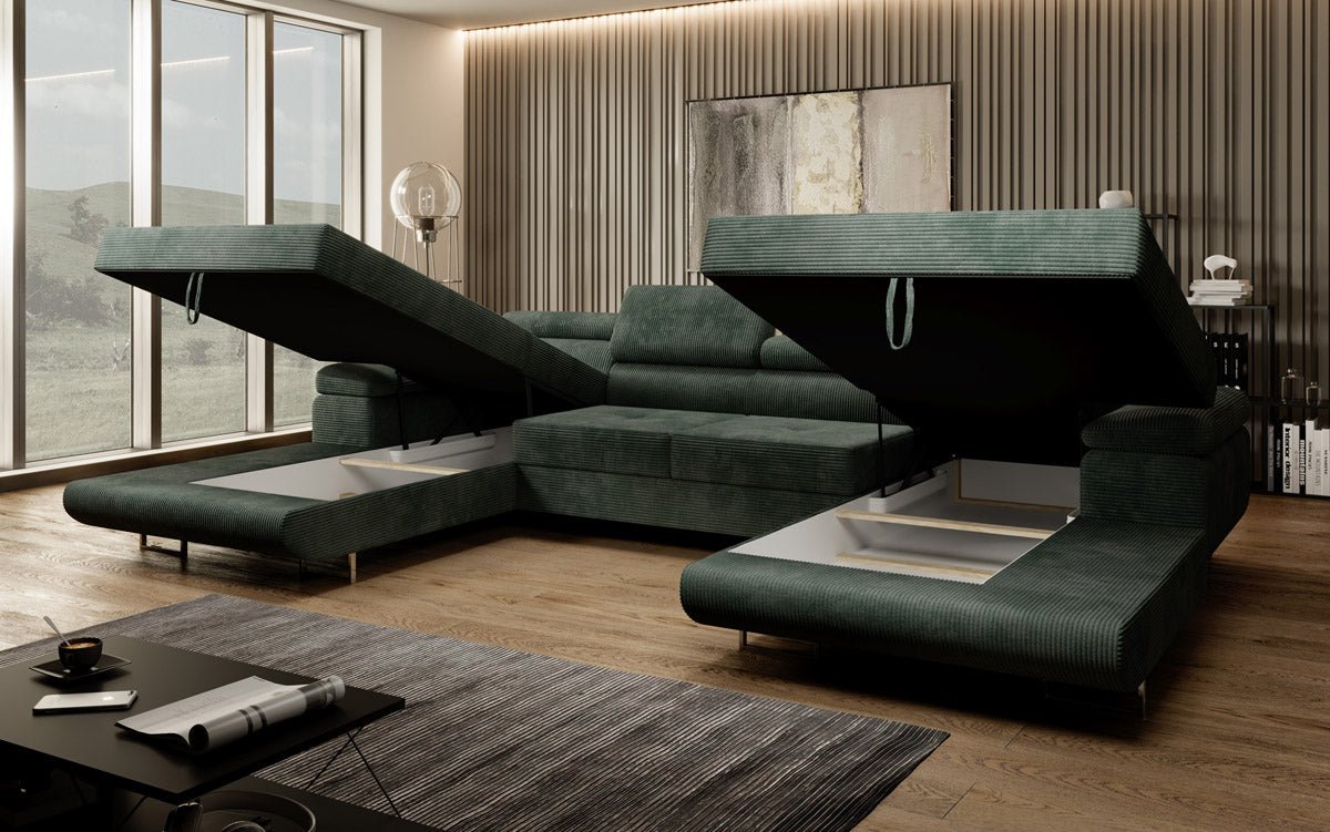 Designer Sofa Calvera U mat Schlof- a Klapfunktioun a Kord