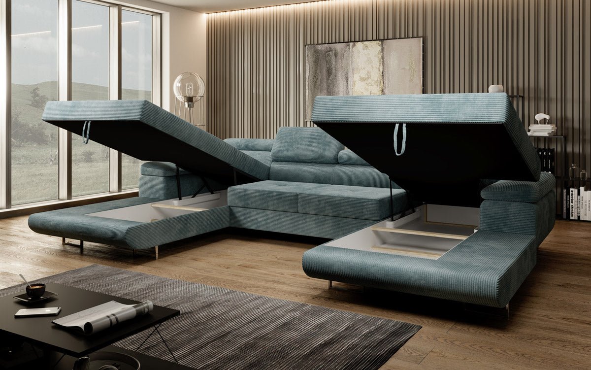 Designer Sofa Calvera U mat Schlof- a Klapfunktioun a Kord