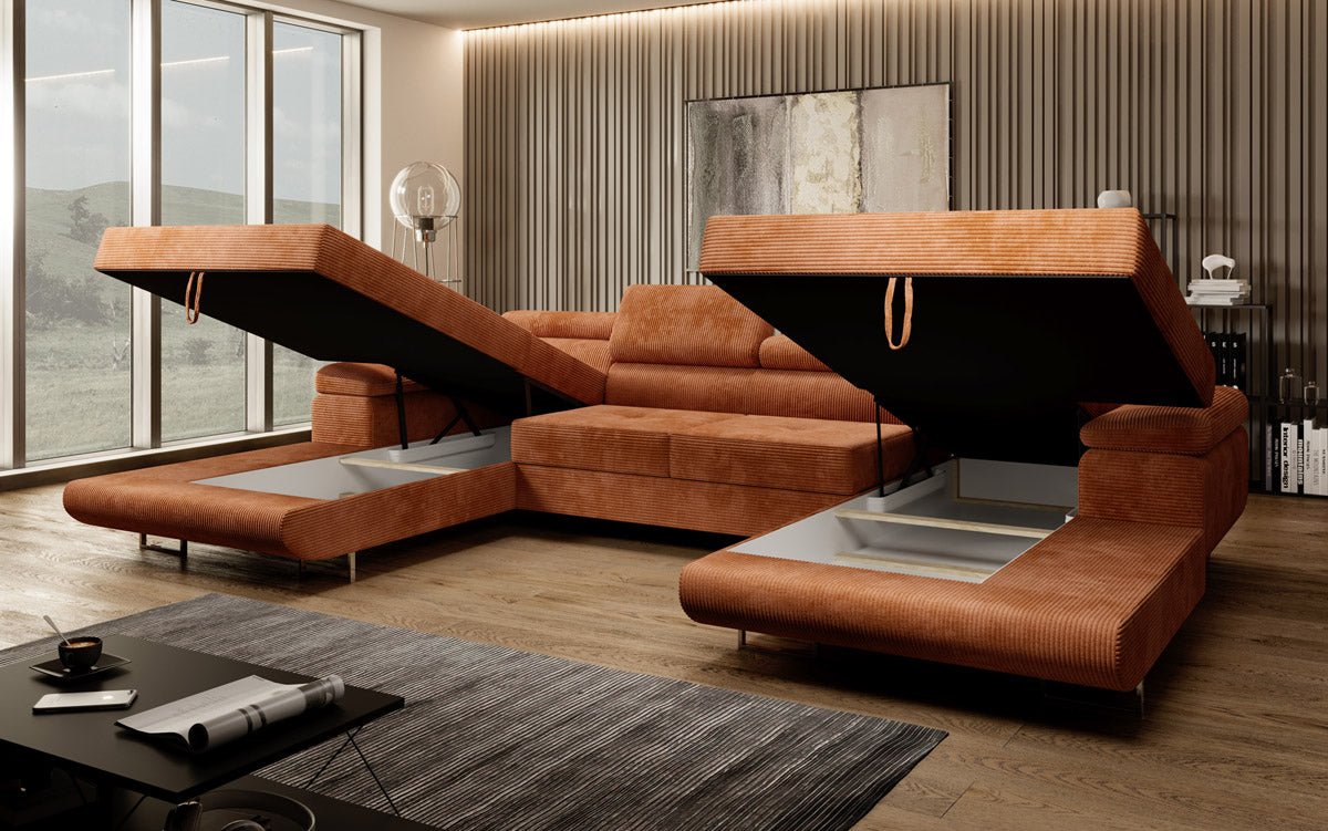 Designer Sofa Calvera U mat Schlof- a Klapfunktioun a Kord