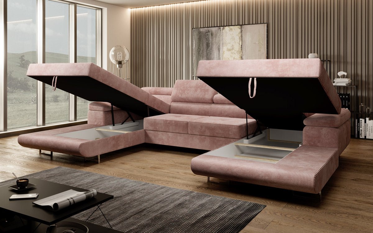 Designer Sofa Calvera U mat Schlof- a Klapfunktioun a Kord