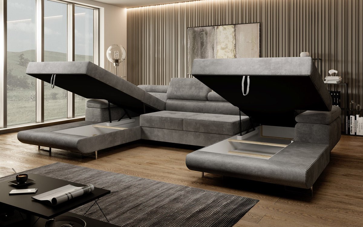 Designer Sofa Calvera U mat Schlof- a Klapfunktioun a Kord