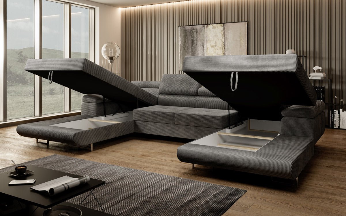 Designer Sofa Calvera U mat Schlof- a Klapfunktioun a Kord