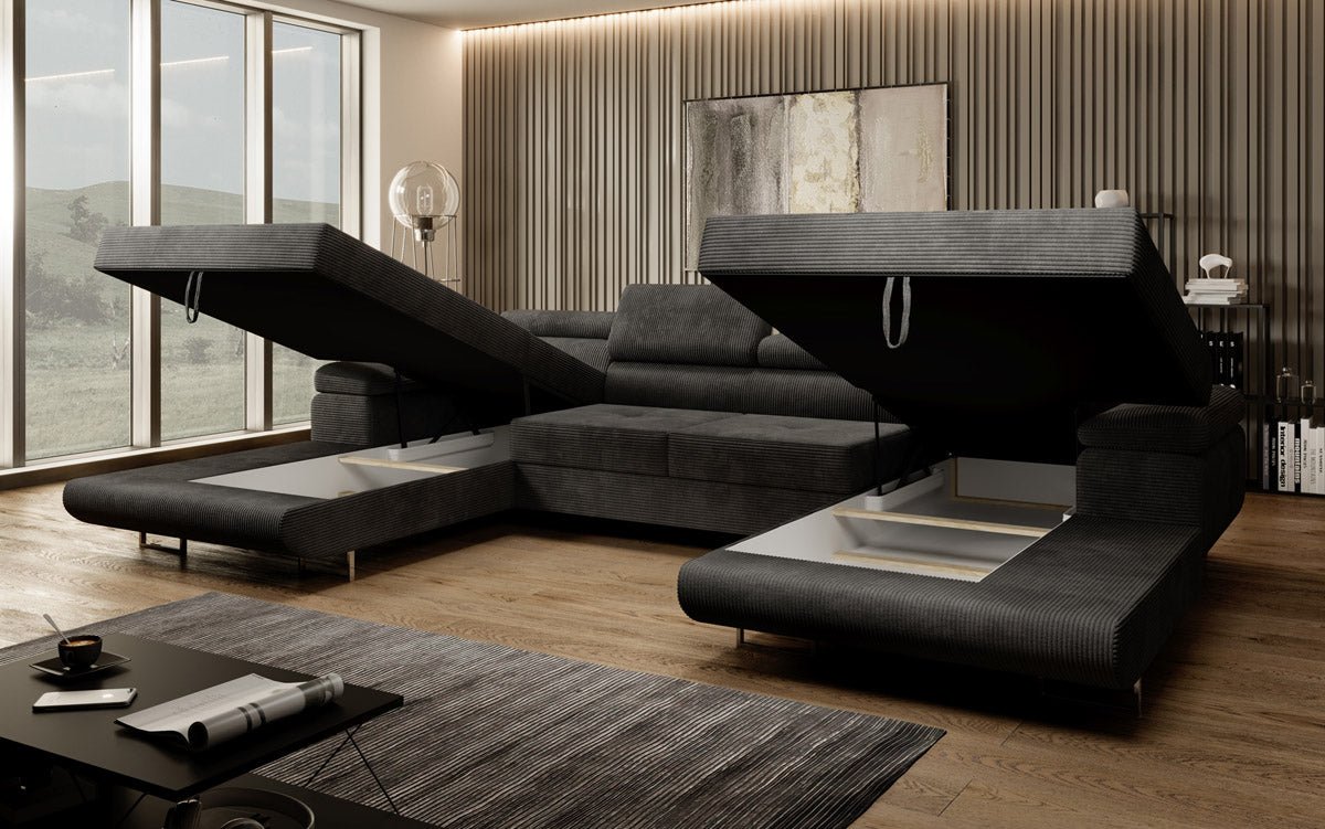 Designer Sofa Calvera U mat Schlof- a Klapfunktioun a Kord