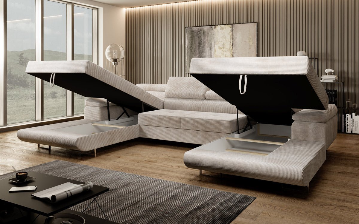 Designer Sofa Calvera U mat Schlof- a Klapfunktioun a Kord