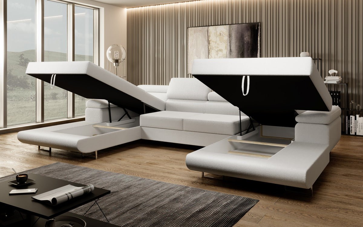 Designer Sofa Calvera U mat Schlof- a Klappfunktioun a Bouclé