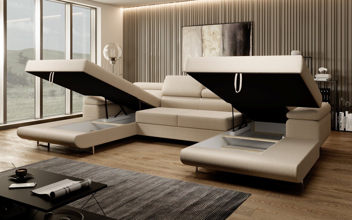 Designer Sofa Calvera U mat Schlof- a Klappfunktioun a Bouclé