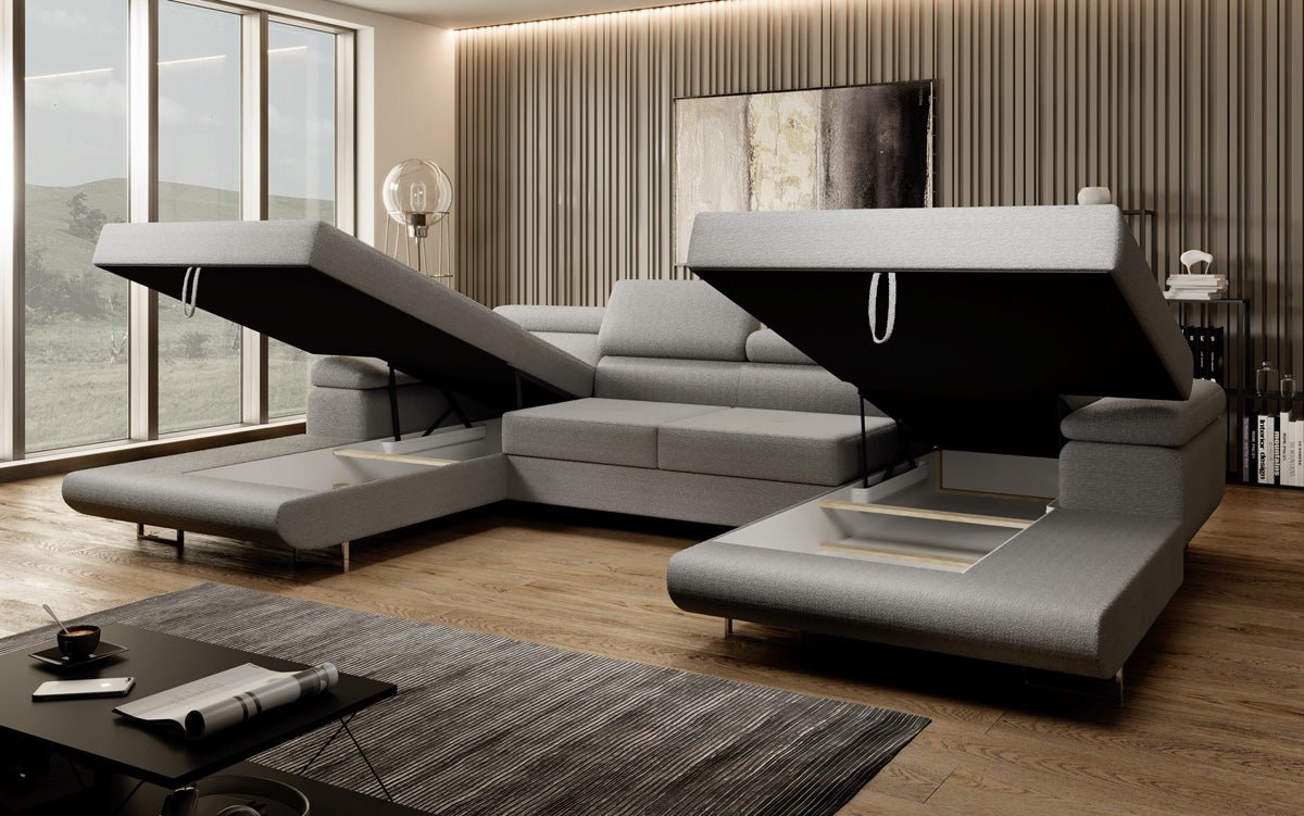 Designer Sofa Calvera U mat Schlof- a Klappfunktioun a Bouclé