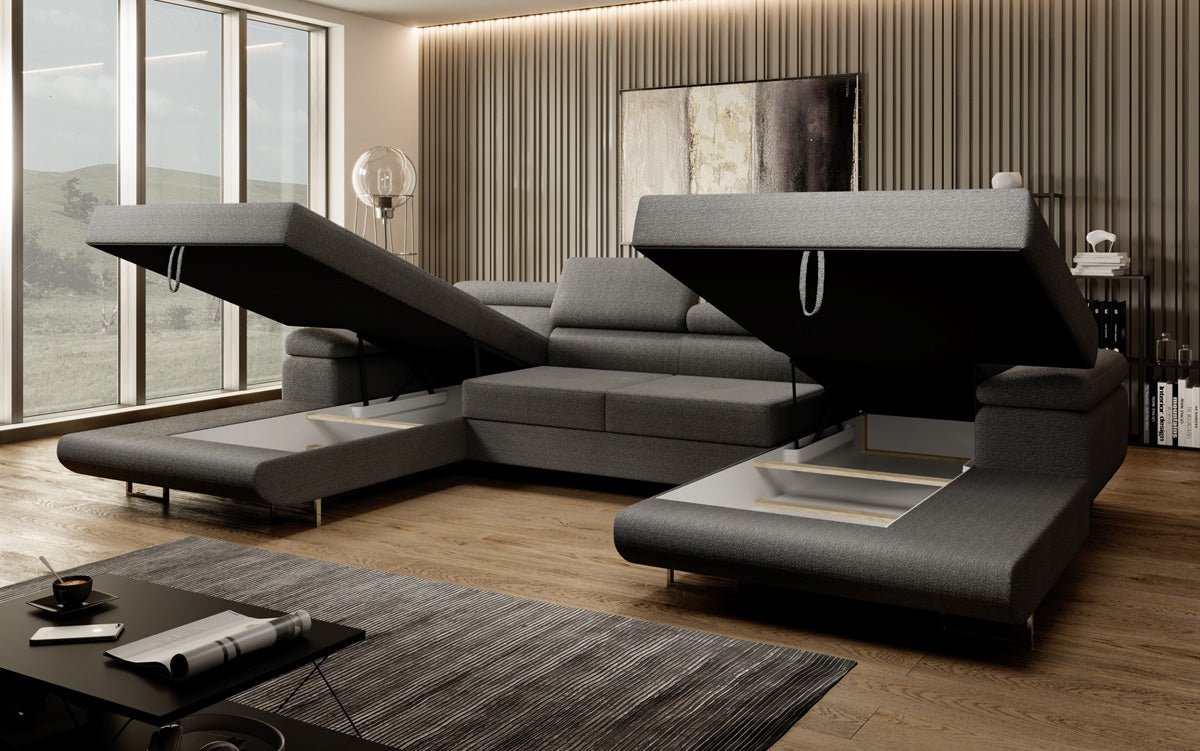 Designer Sofa Calvera U mat Schlof- a Klappfunktioun a Bouclé