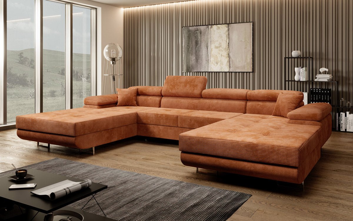 Designer Sofa Calvera U mat Schlof- a Klapfunktioun a Kord