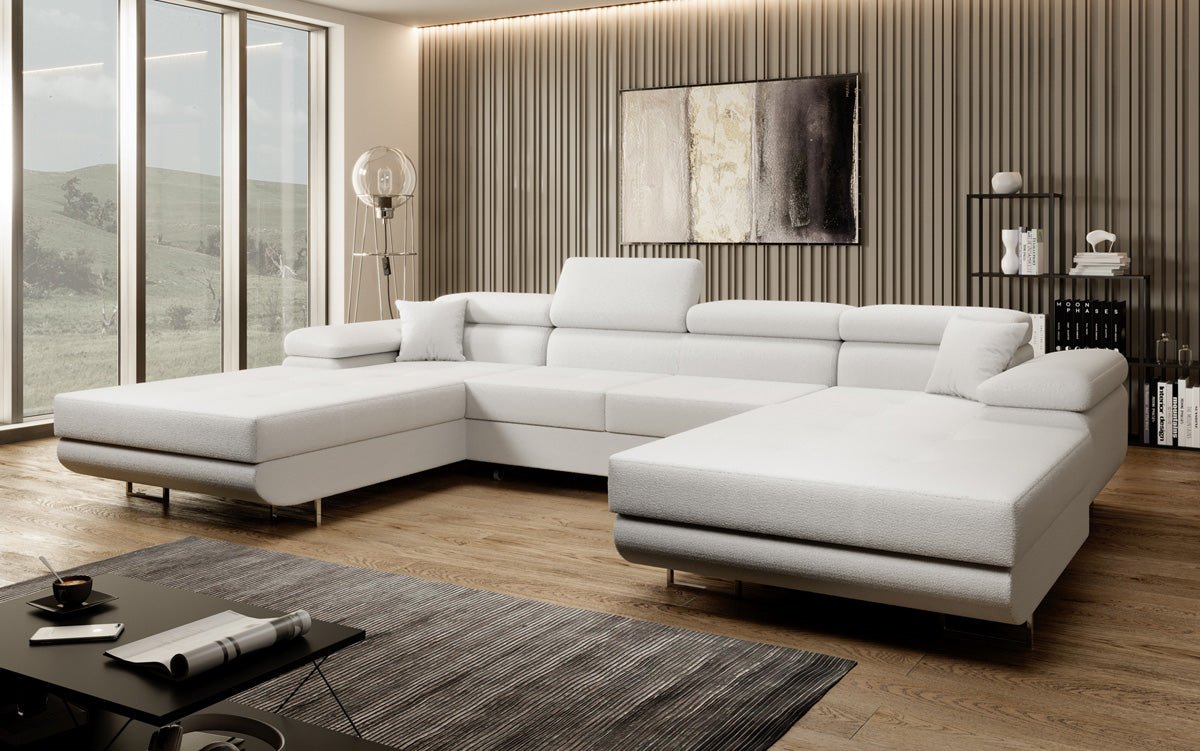 Designer Sofa Calvera U mat Schlof- a Klappfunktioun a Bouclé