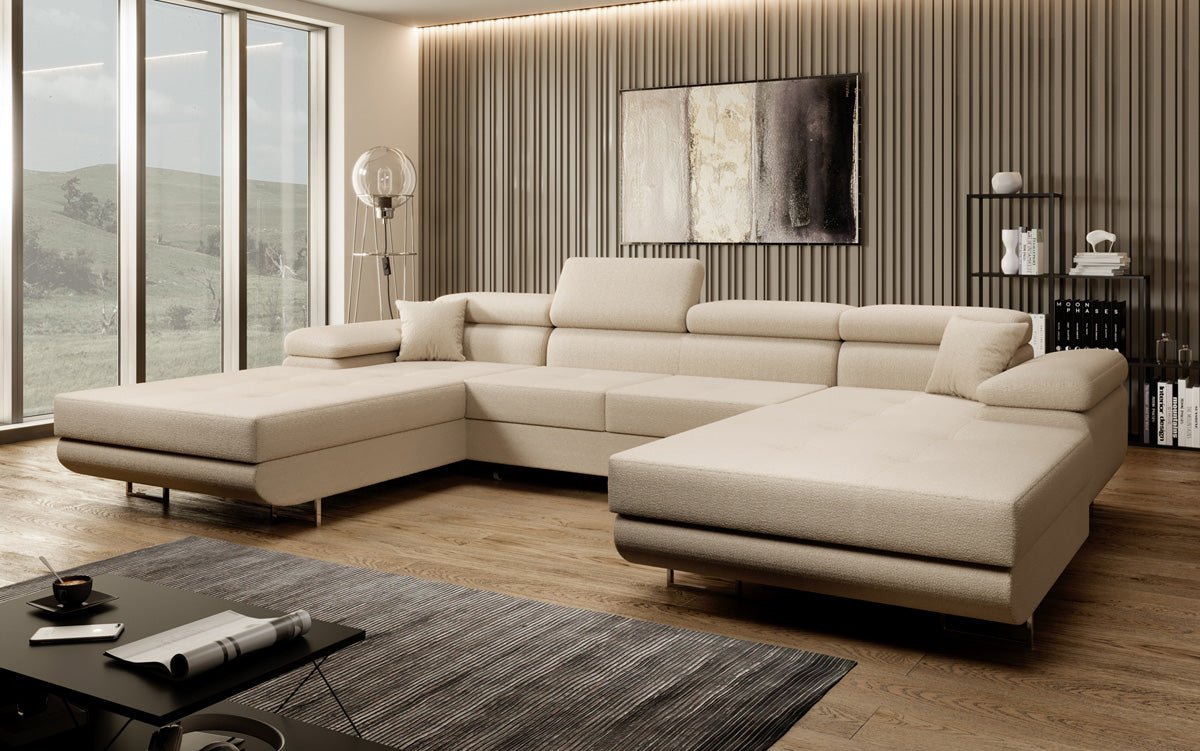 Designer Sofa Calvera U mat Schlof- a Klappfunktioun a Bouclé