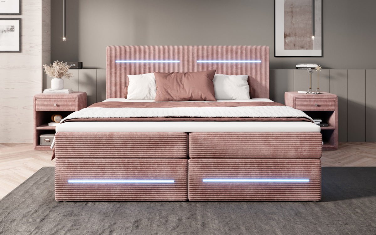 Boxspringbett Lara mit Stauraum und LED in Cord