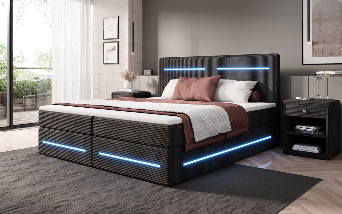 Boxspringbett Lara mit Stauraum und LED in Cord