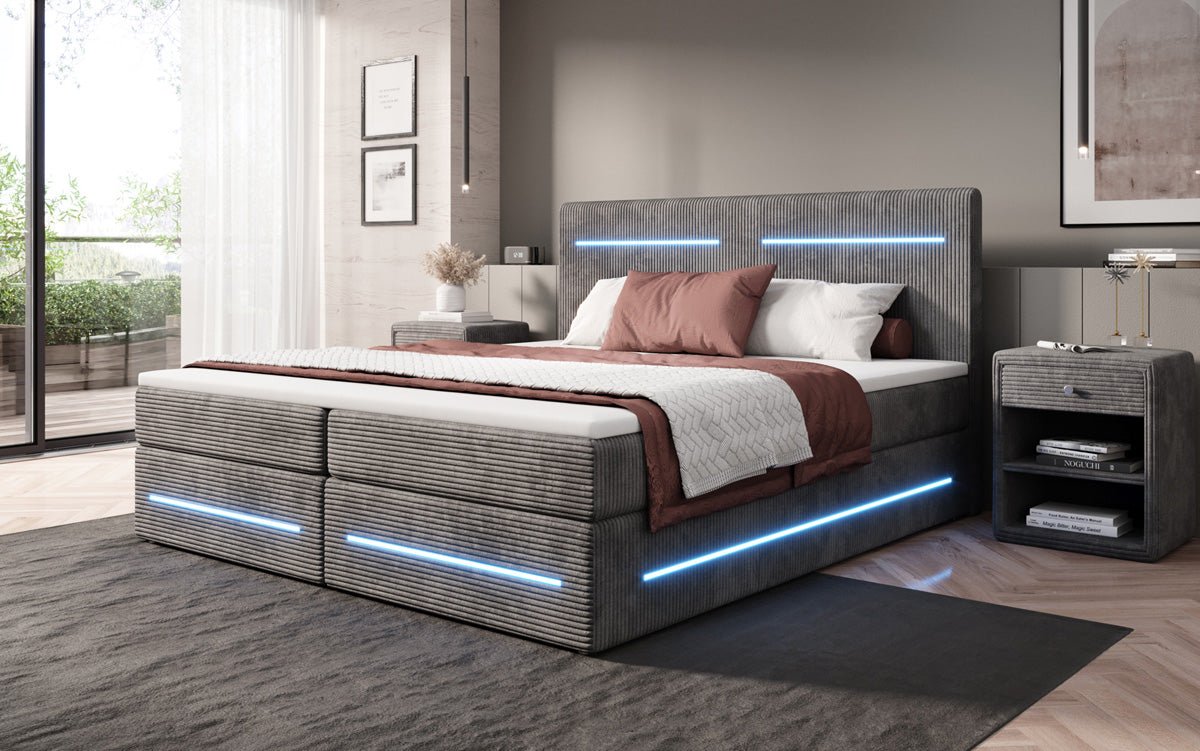 Boxspringbett Lara mit Stauraum und LED in Cord