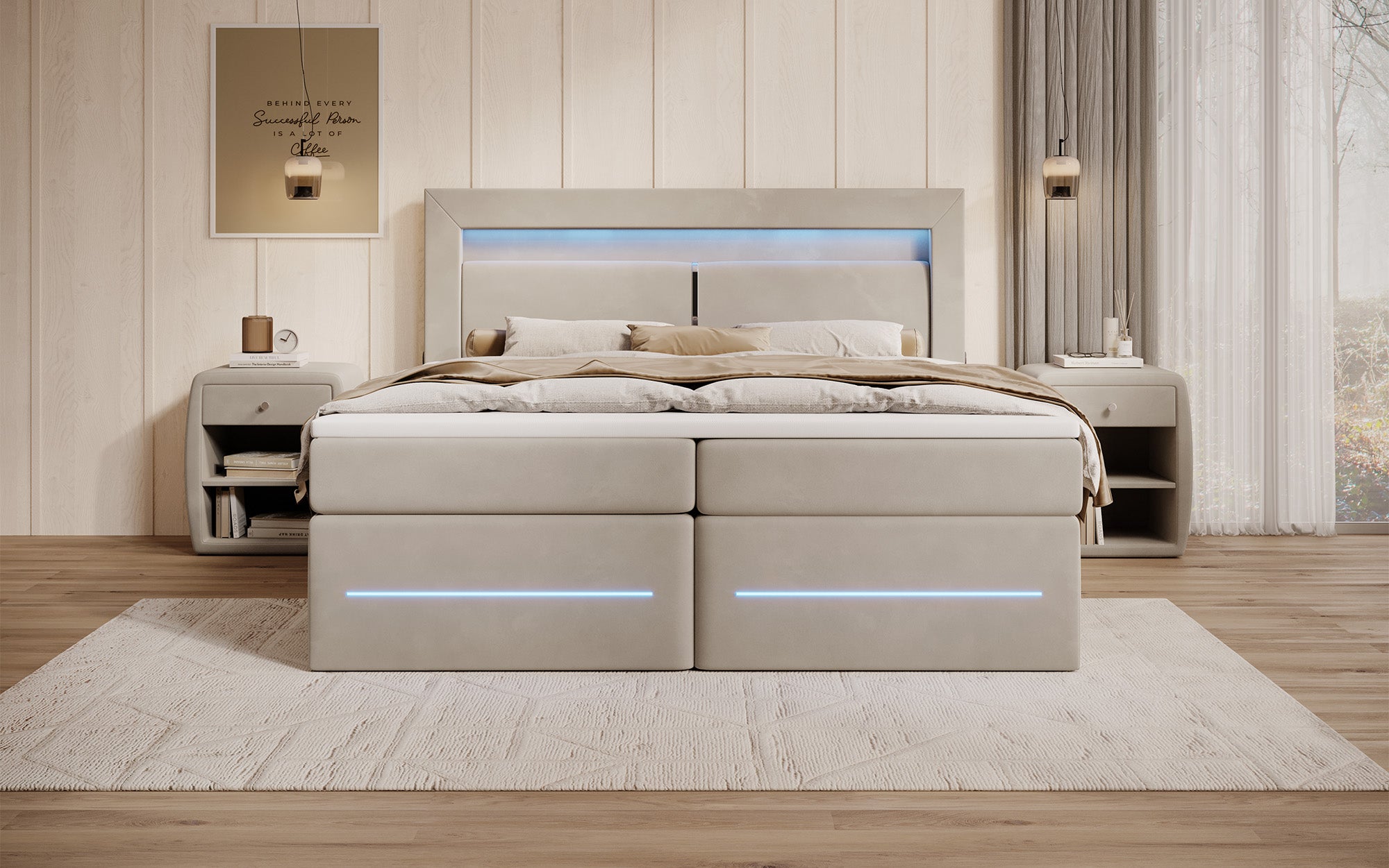 Boxspringbett Minera mat LED, USB an Späicherplatz