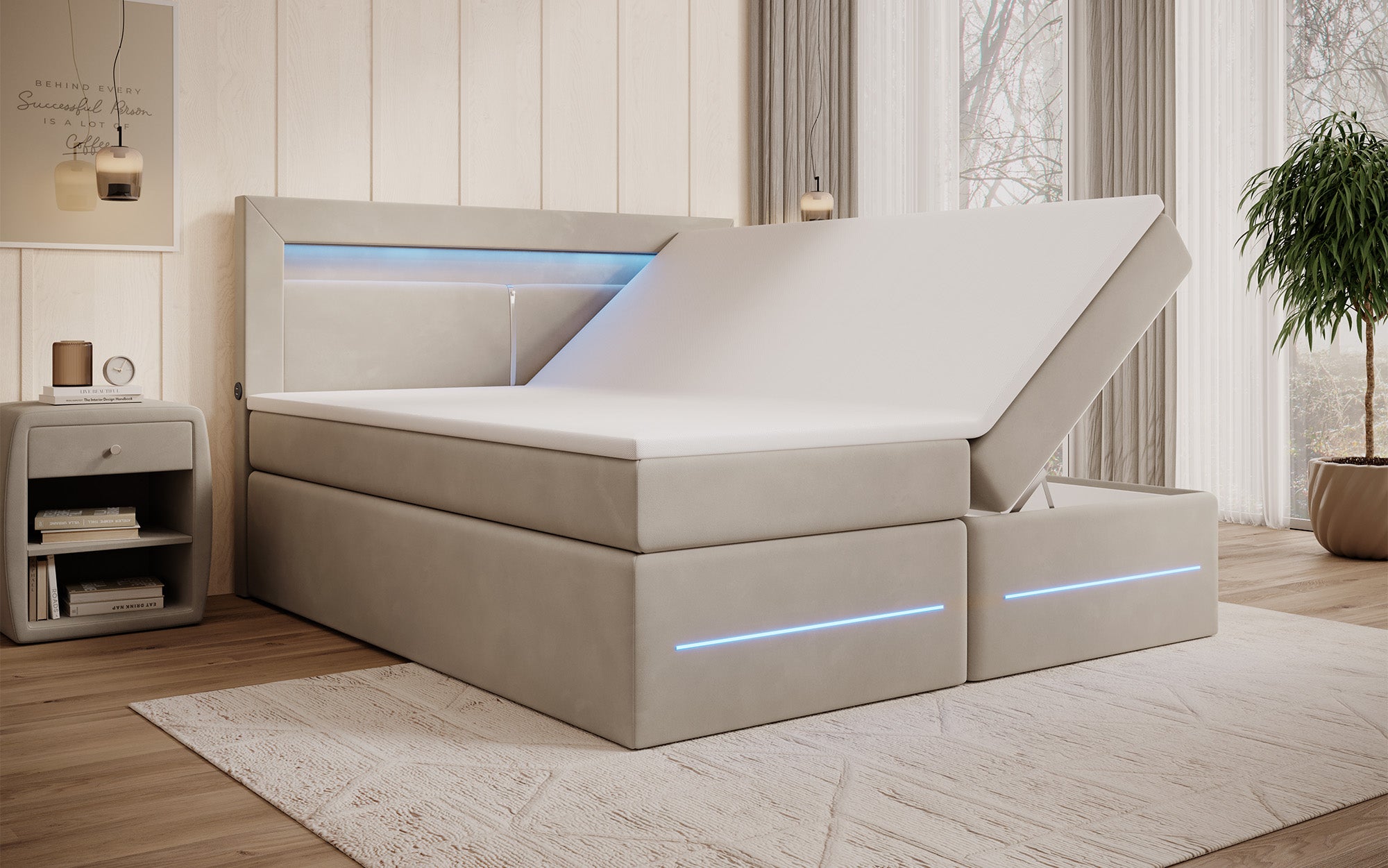 Boxspringbett Minera mat LED, USB an Späicherplatz