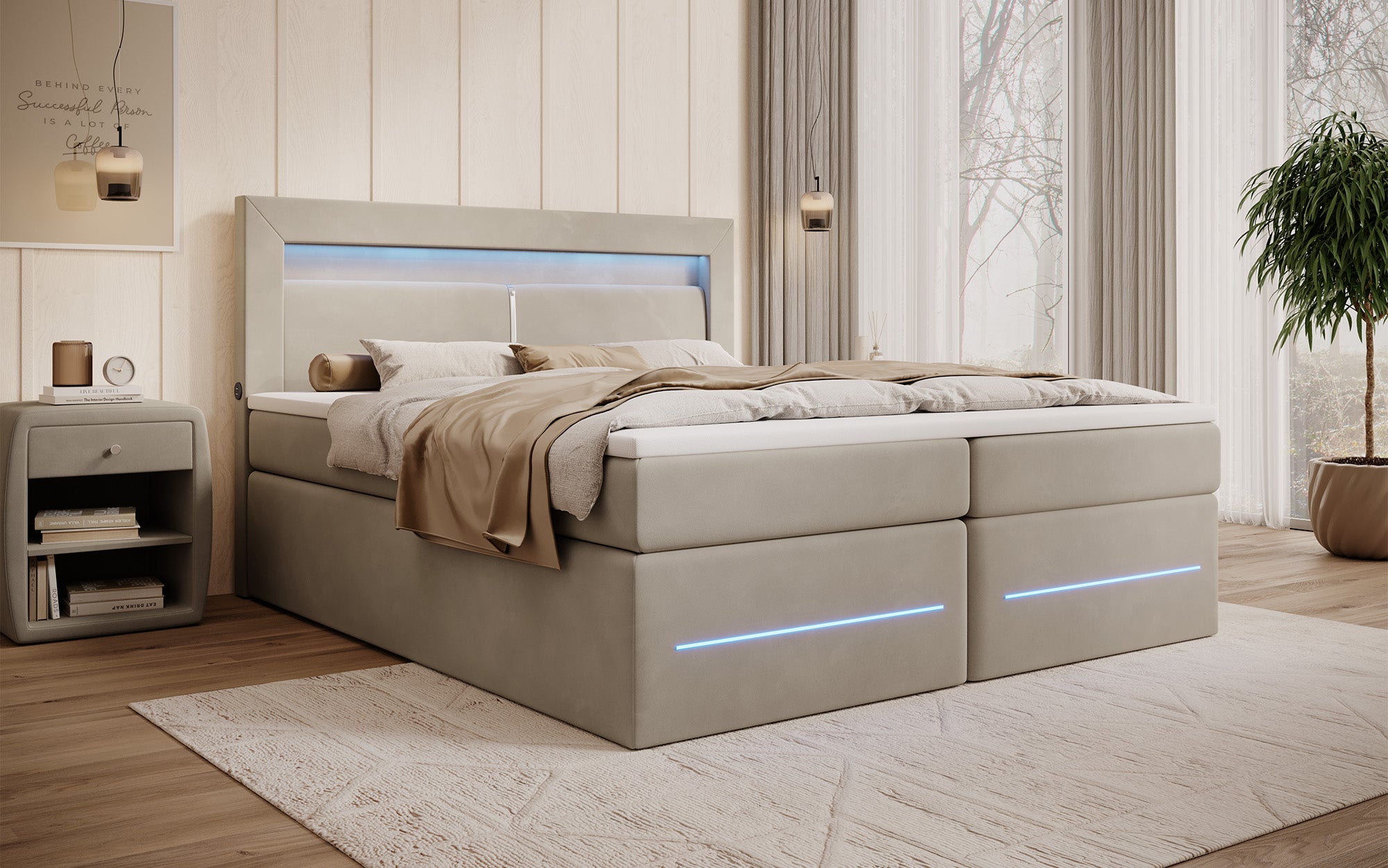 Boxspringbett Minera mat LED, USB an Späicherplatz
