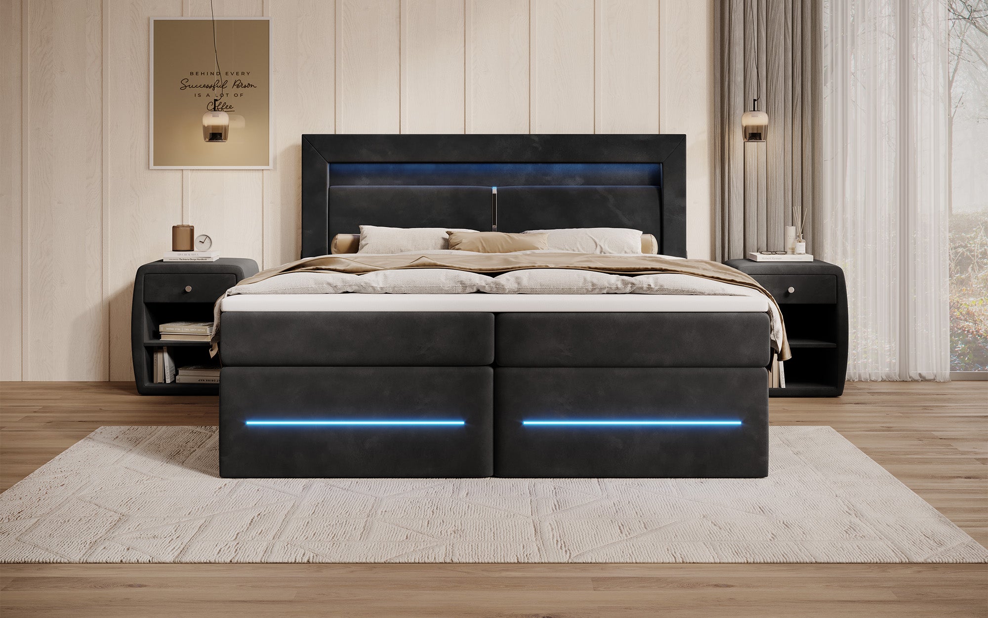 Boxspringbett Minera mat LED, USB an Späicherplatz