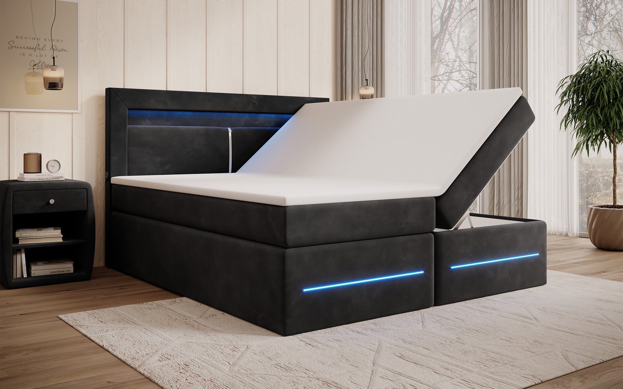 Boxspringbett Minera mat LED, USB an Späicherplatz