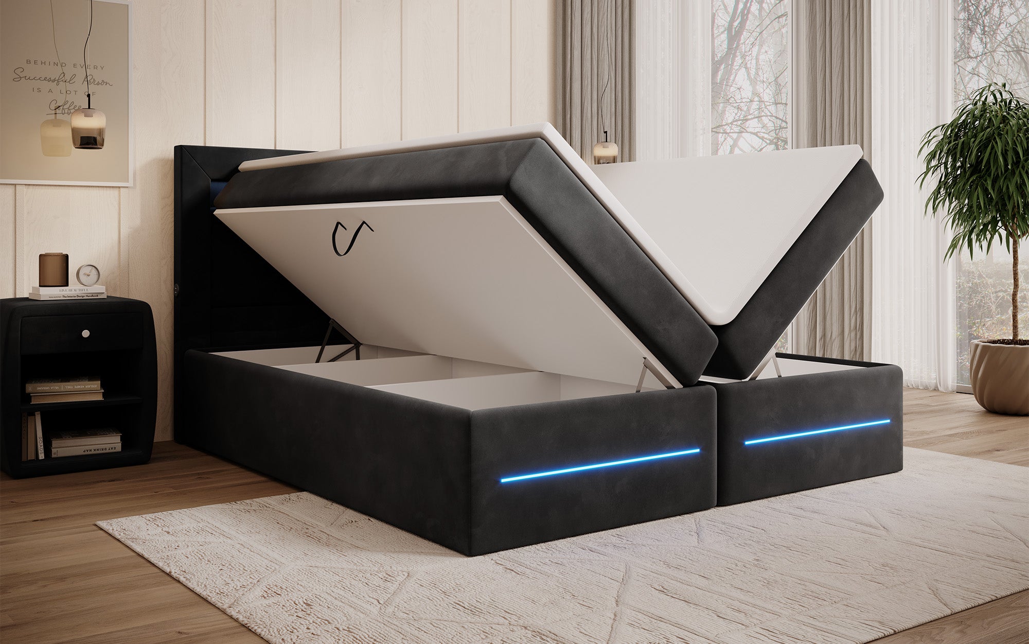 Boxspringbett Minera mat LED, USB an Späicherplatz