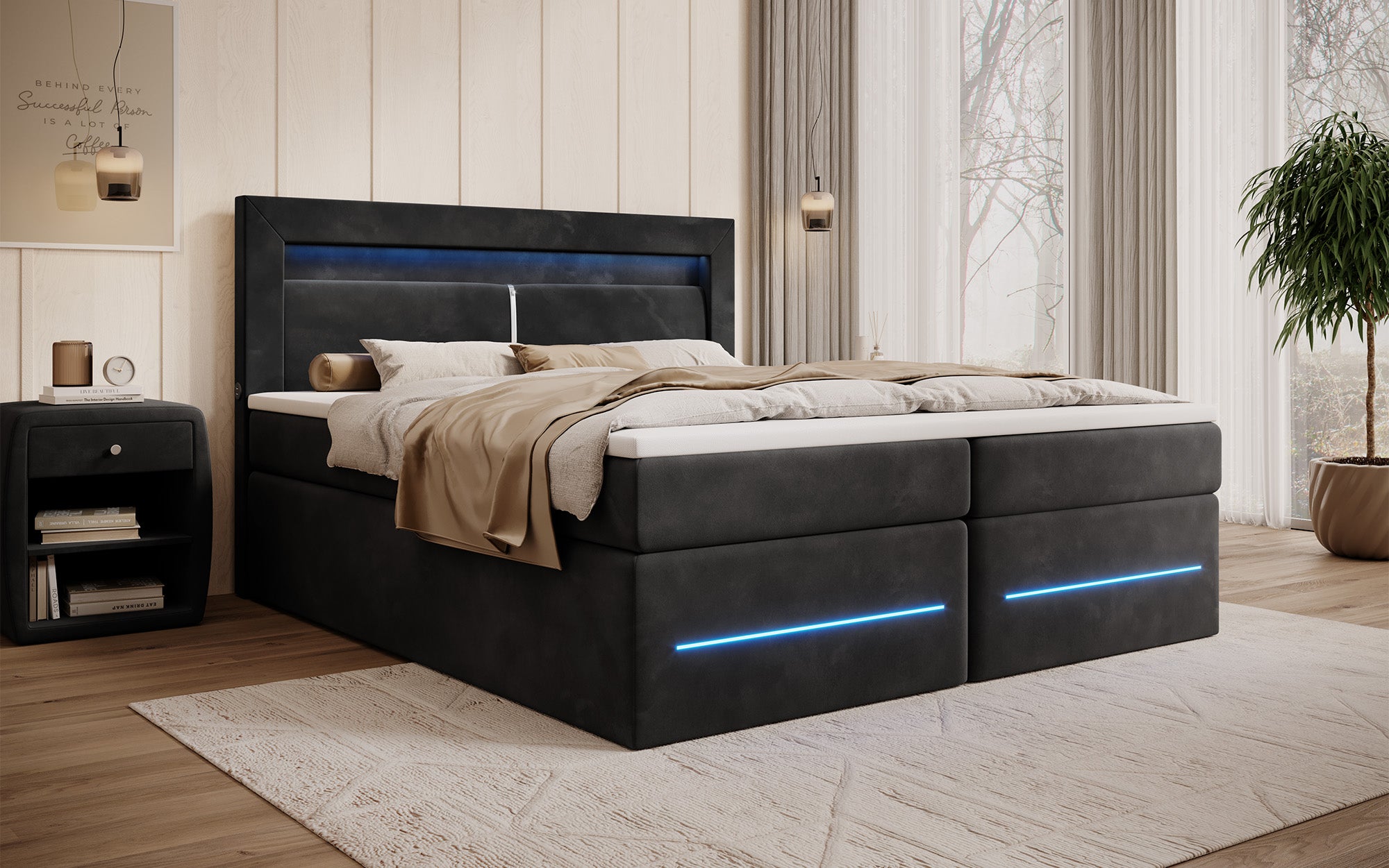 Boxspringbett Minera mat LED, USB an Späicherplatz