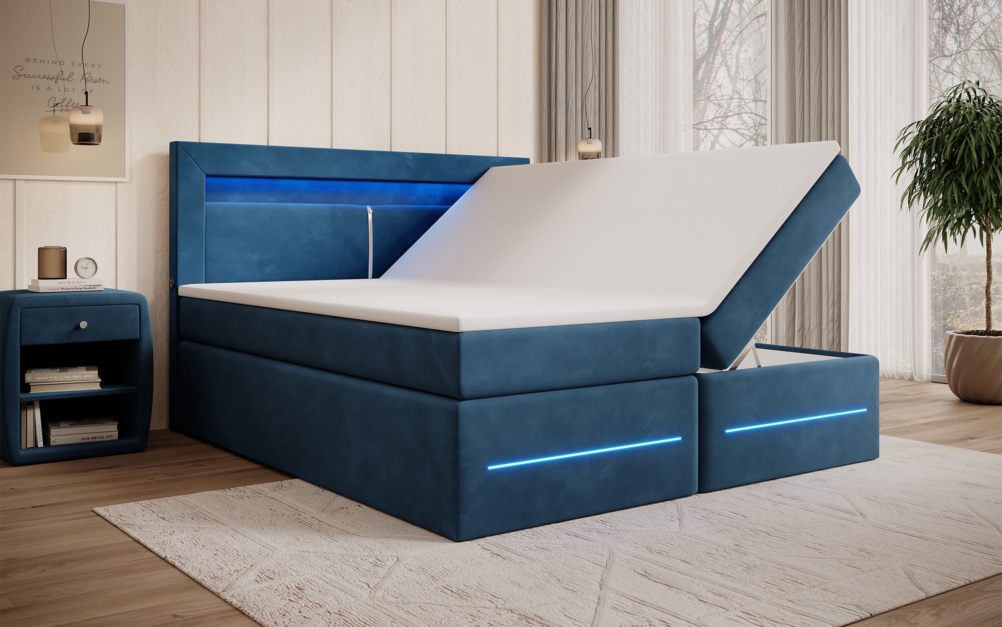Boxspringbett Minera mat LED, USB an Späicherplatz