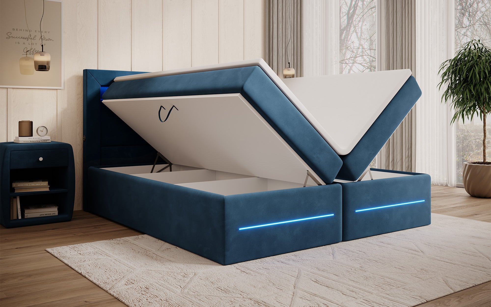 Boxspringbett Minera mat LED, USB an Späicherplatz