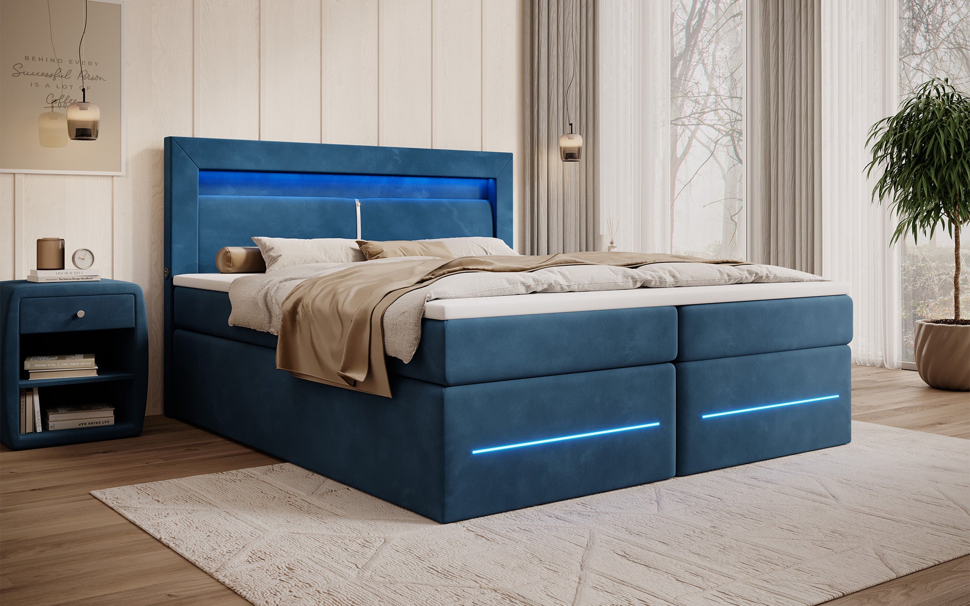Boxspringbett Minera mat LED, USB an Späicherplatz