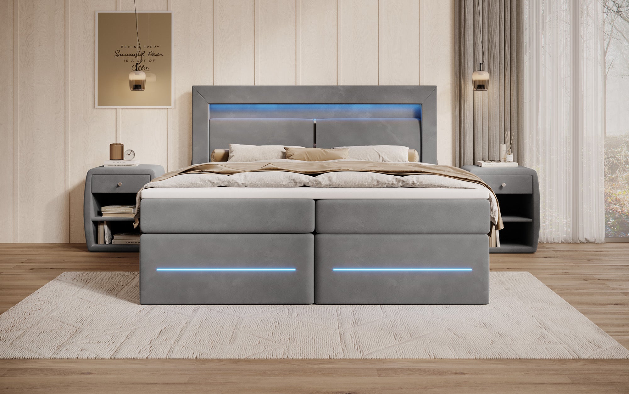 Boxspringbett Minera mat LED, USB an Späicherplatz