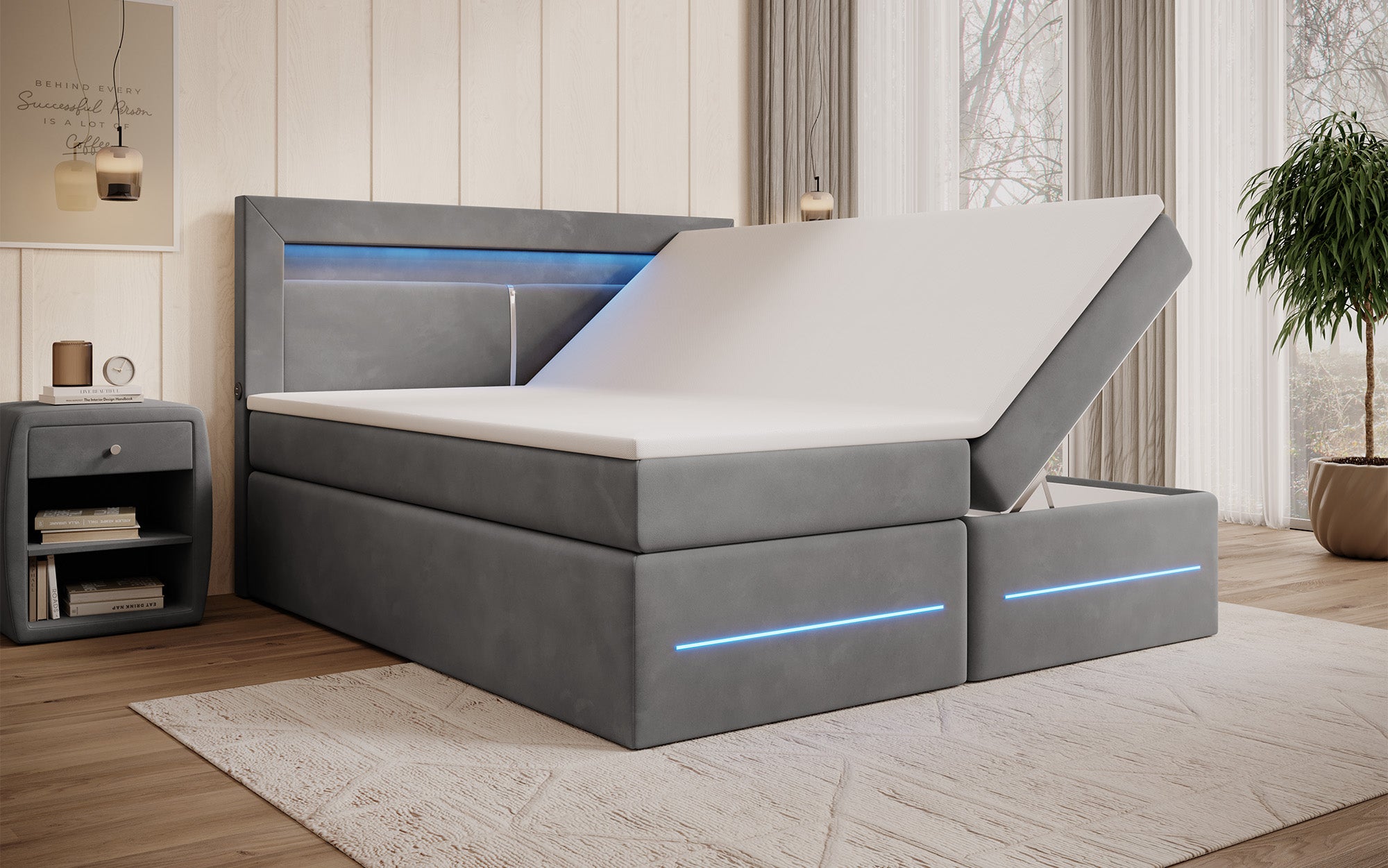 Boxspringbett Minera mat LED, USB an Späicherplatz