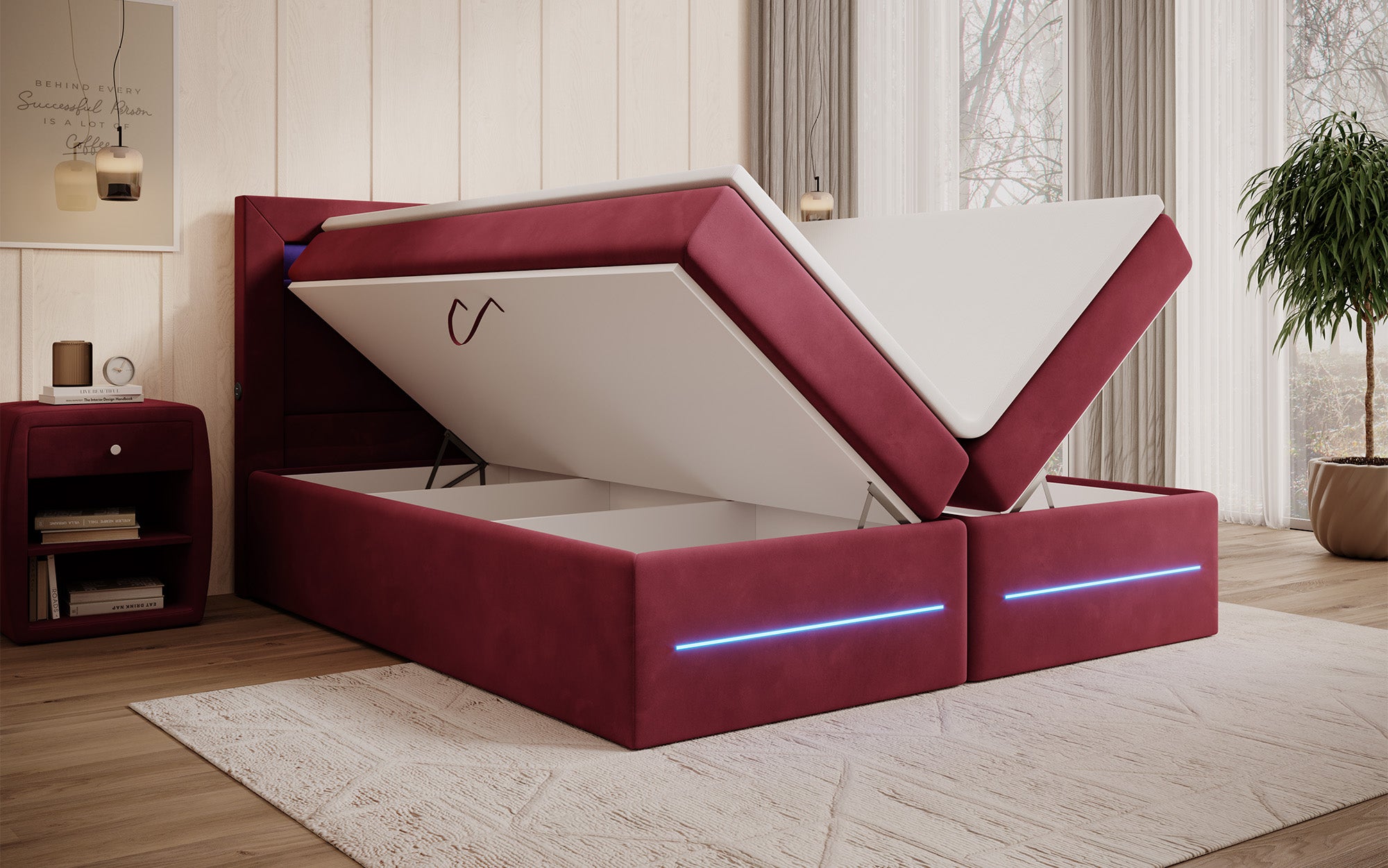 Boxspringbett Minera mat LED, USB an Späicherplatz