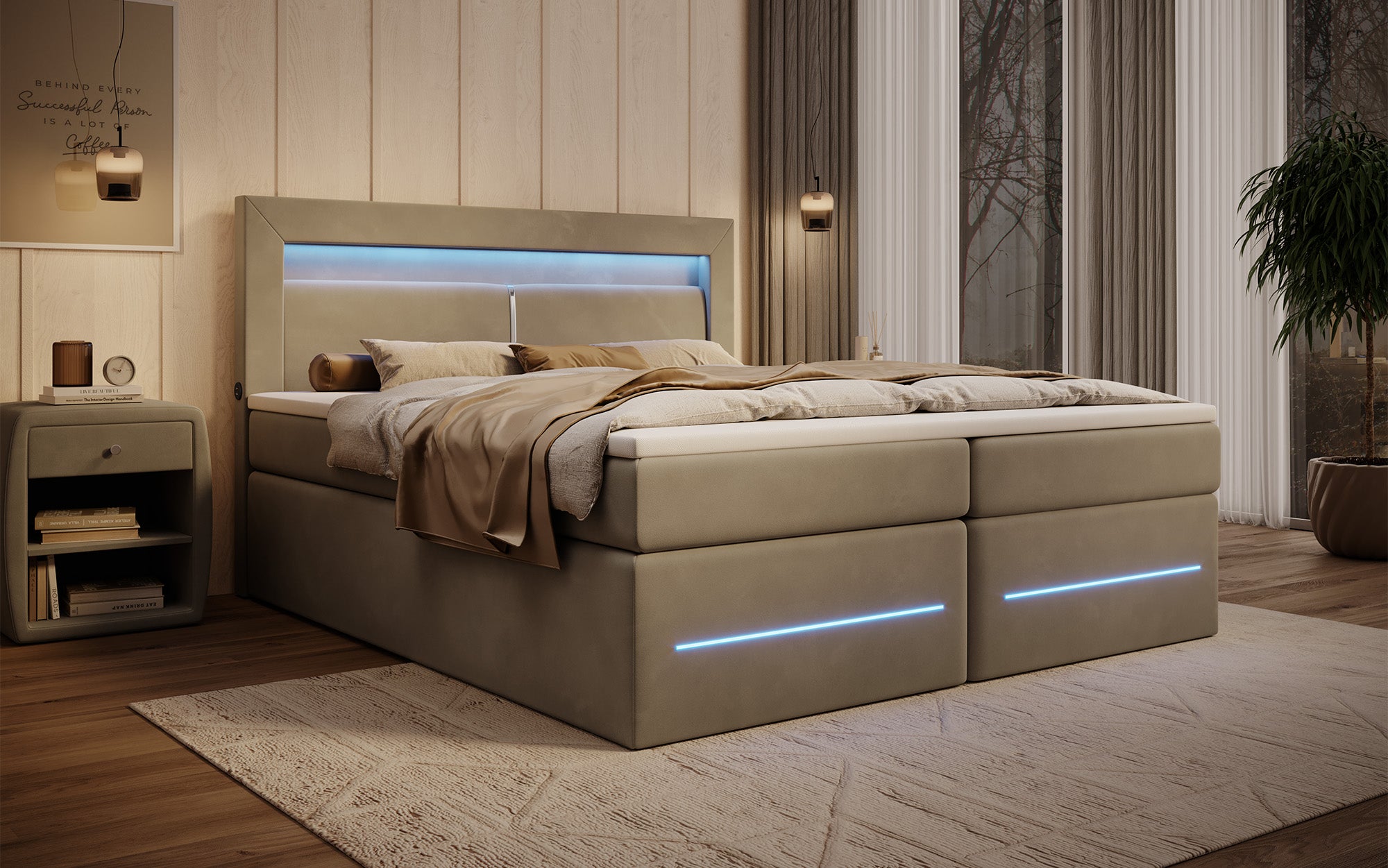 Boxspringbett Minera mat LED, USB an Späicherplatz