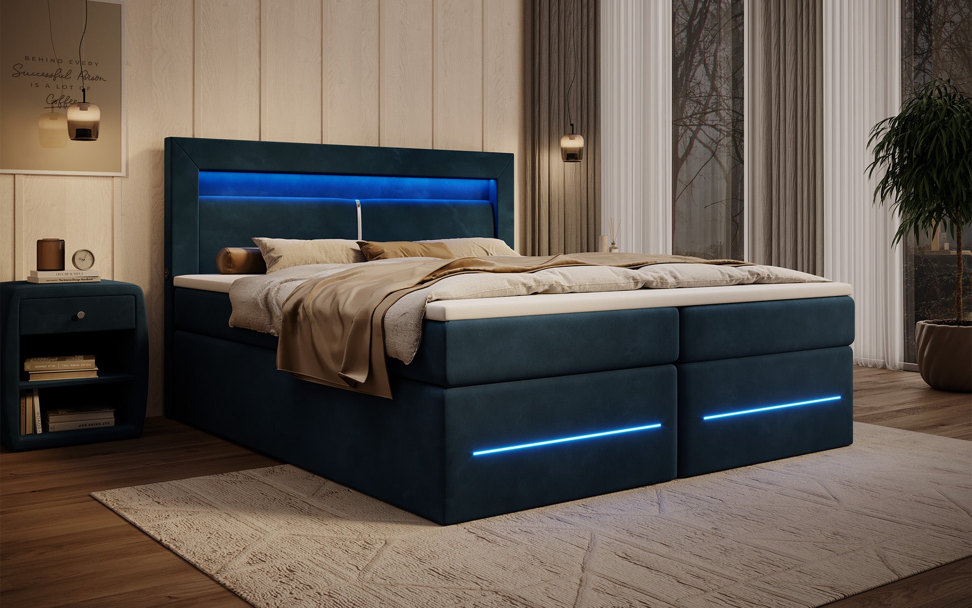 Boxspringbett Minera mat LED, USB an Späicherplatz