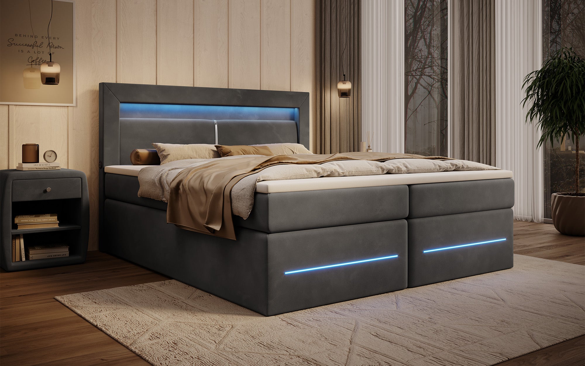 Boxspringbett Minera mat LED, USB an Späicherplatz