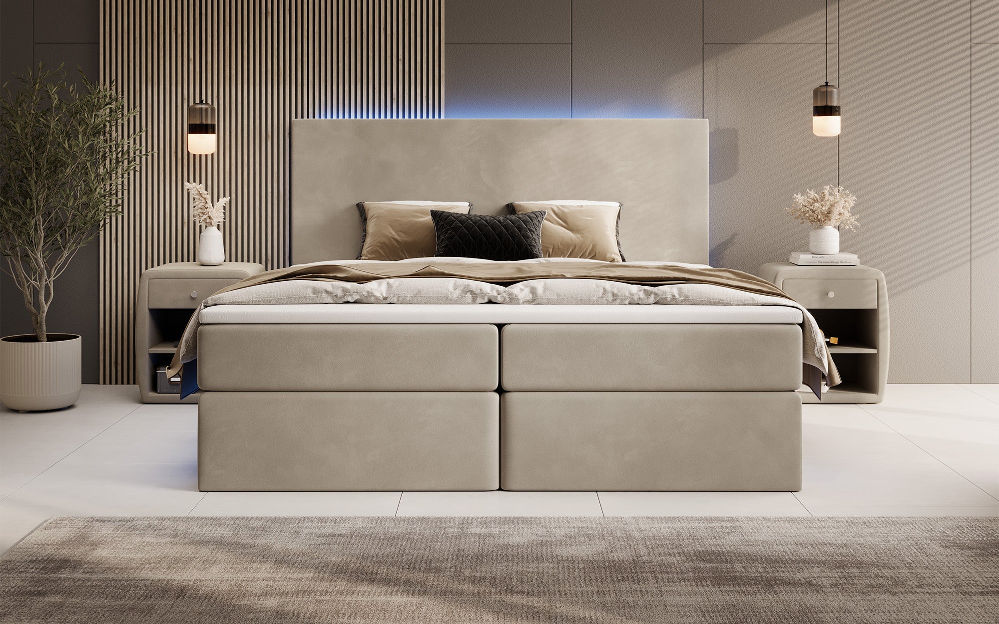 Boxspringbett Voyage mat LED a Späicherplaz a Samt