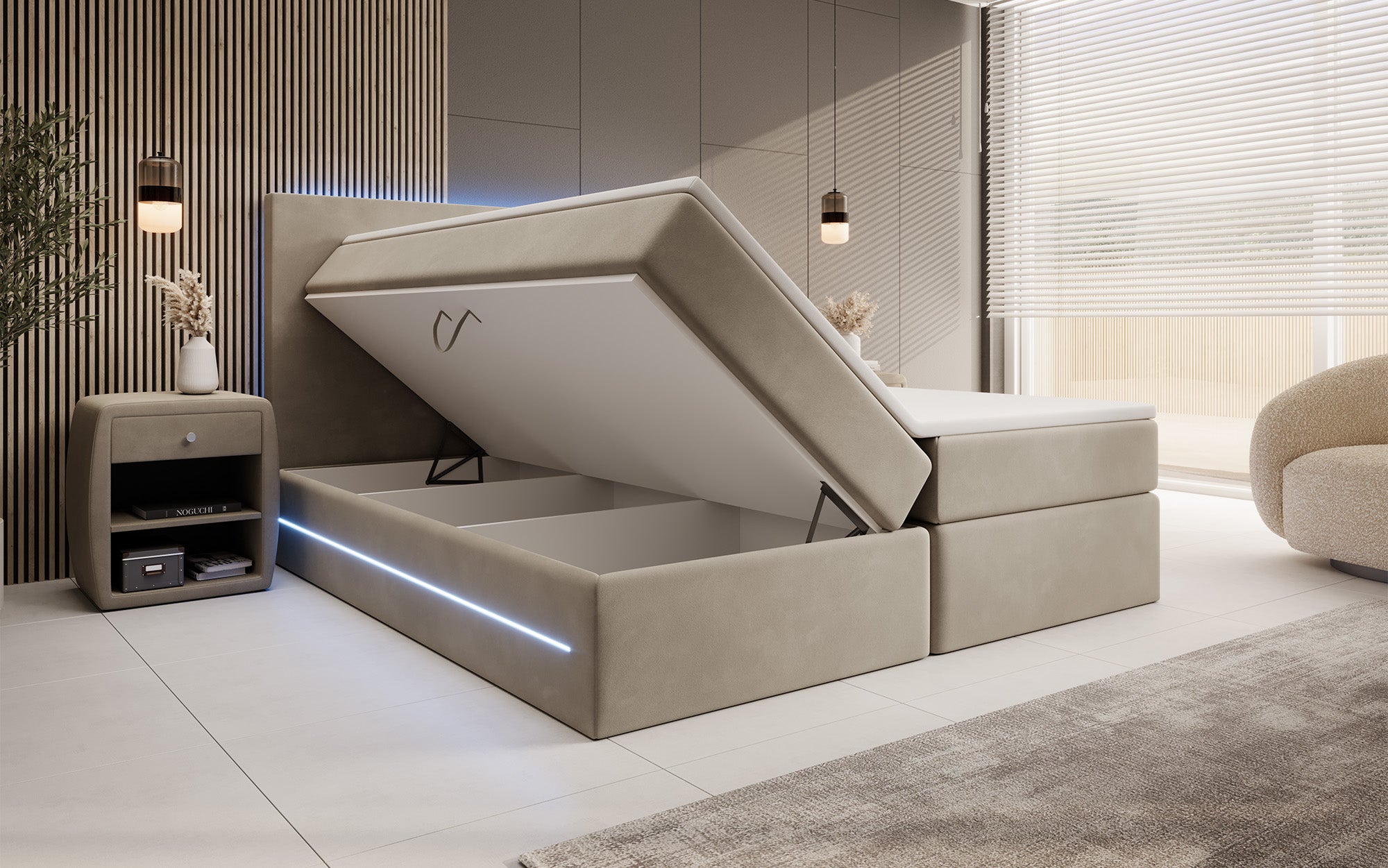 Boxspringbett Voyage mat LED a Späicherplaz a Samt
