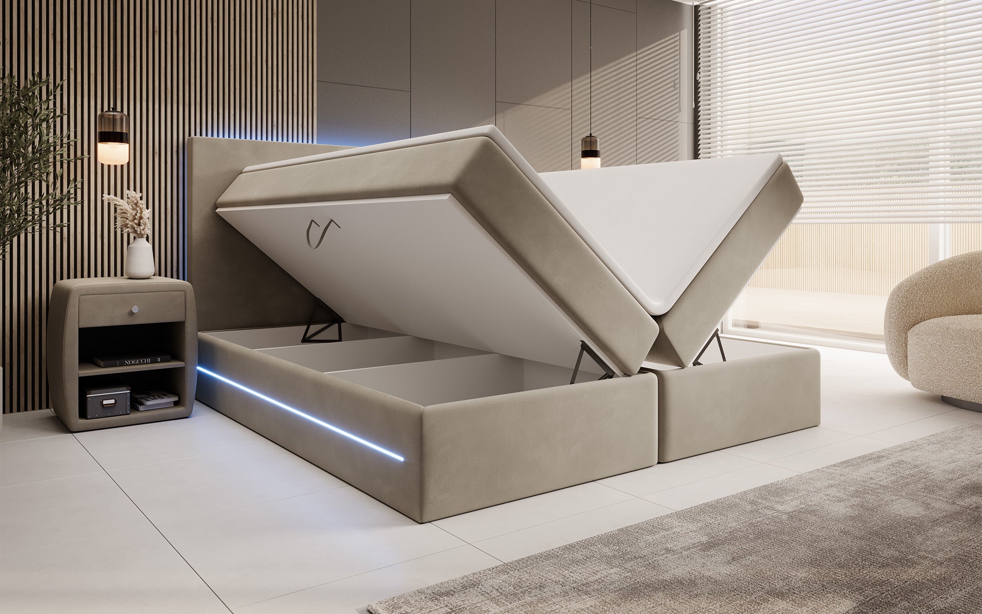 Boxspringbett Voyage mat LED a Späicherplaz a Samt