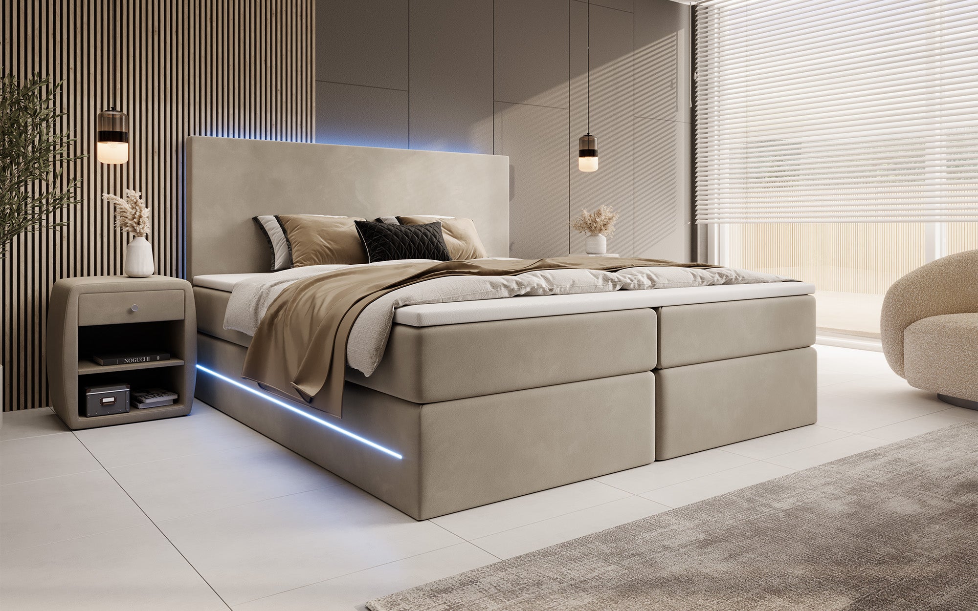 Boxspringbett Voyage mat LED a Späicherplaz a Samt