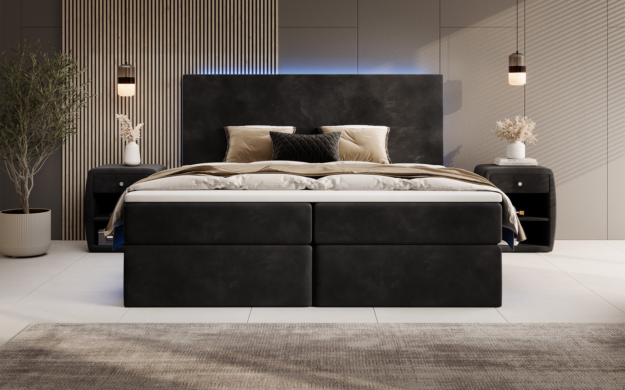 Boxspringbett Voyage mat LED a Späicherplaz a Samt