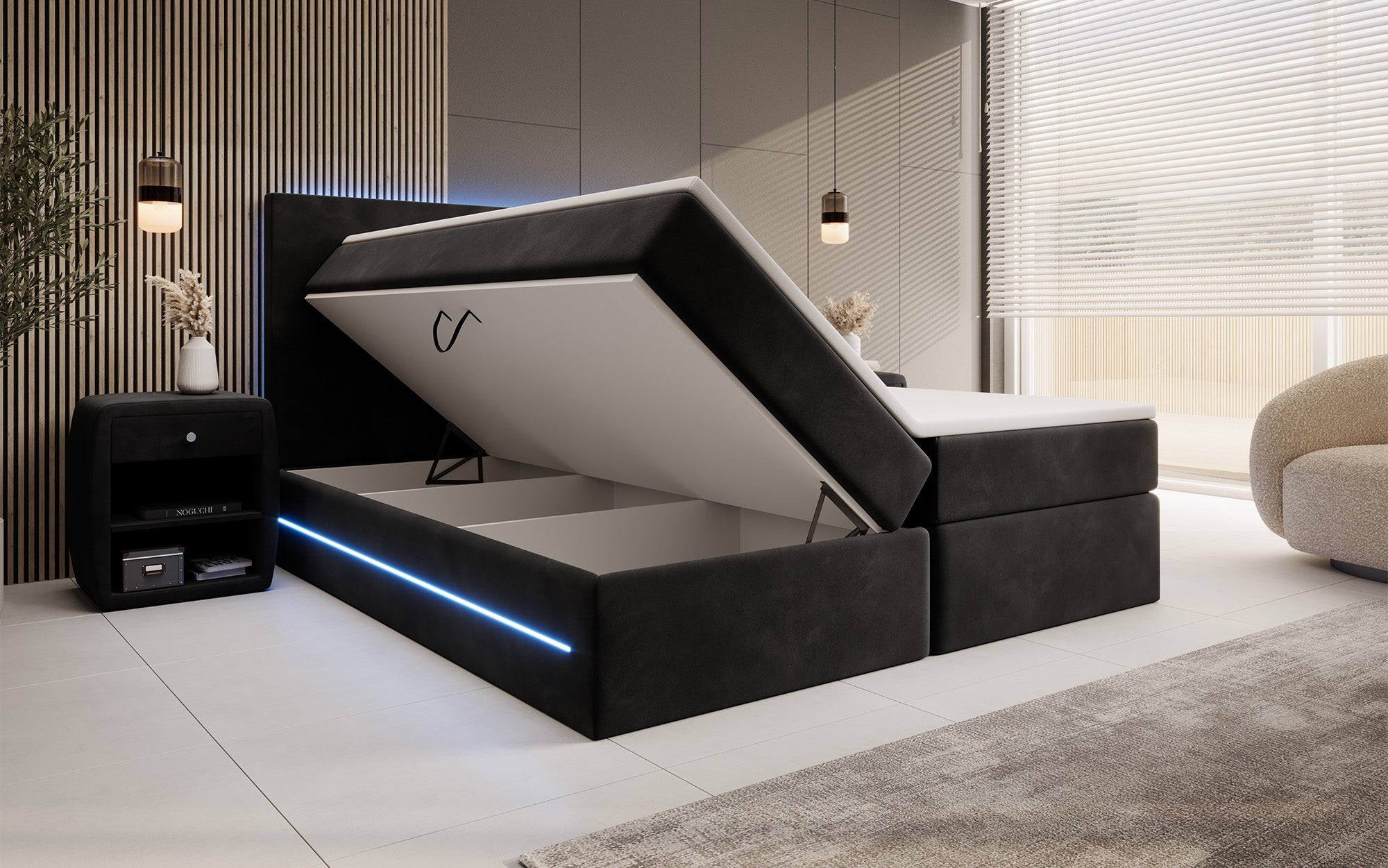 Boxspringbett Voyage mat LED a Späicherplaz a Samt