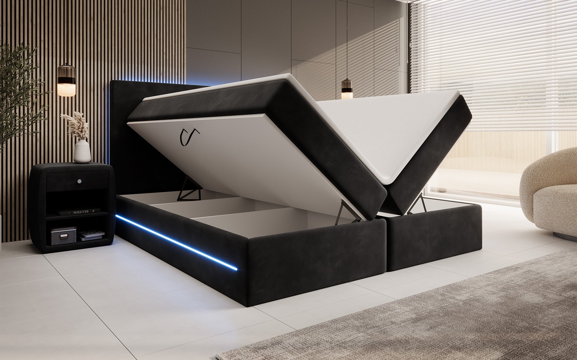 Boxspringbett Voyage mat LED a Späicherplaz a Samt