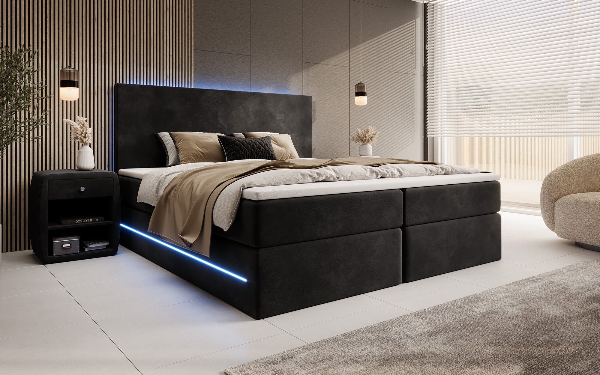 Boxspringbett Voyage mat LED a Späicherplaz a Samt